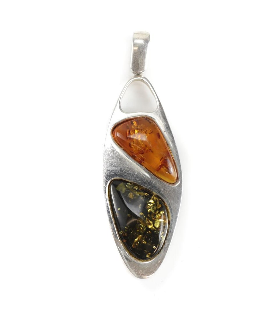 Vintage Modernist Sterling Silver Cognac and Green Amber Pendant (1 of 4)