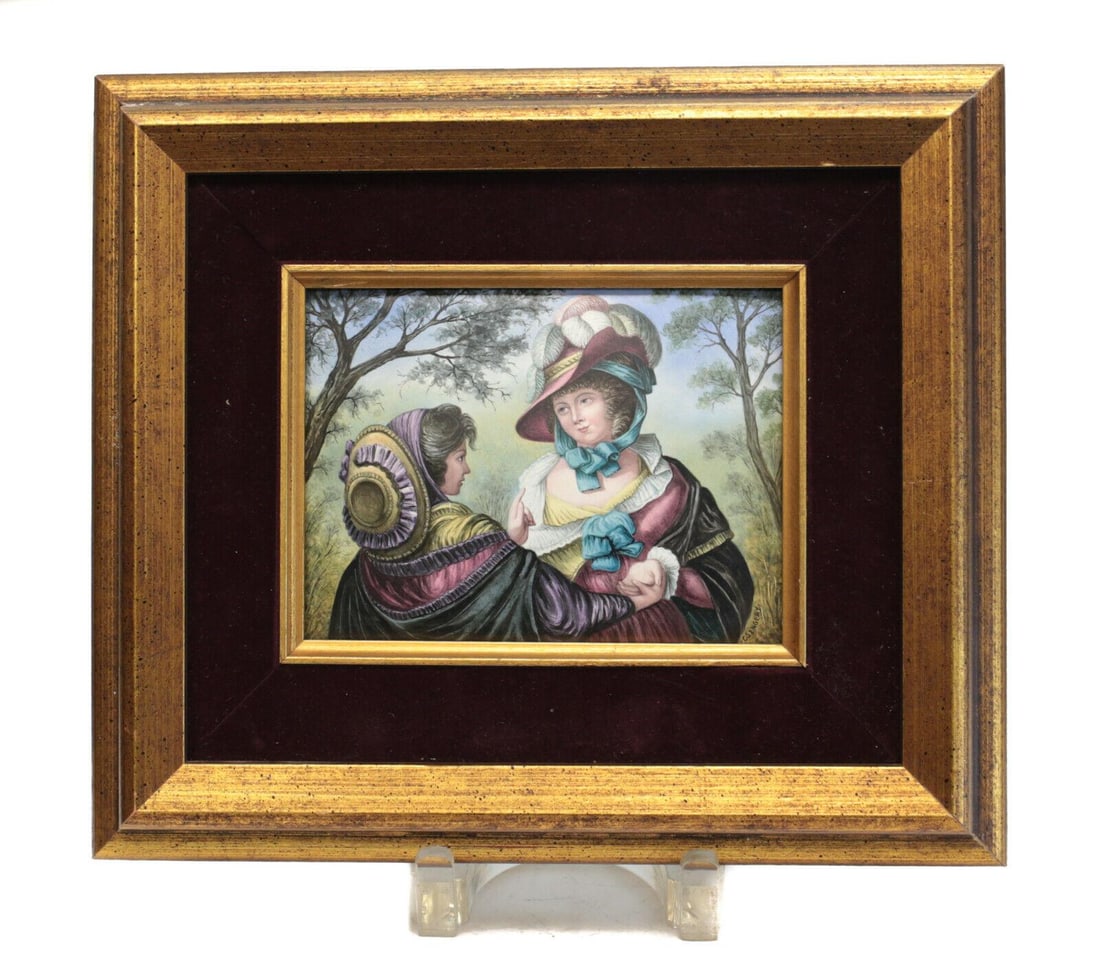 Unique Continental Enamel on Curved Copper Plaque, 19th C. or Earlier: Unique Continental possibly French enamel on curved copper plaque, 19th Century or earlier. Charming hand painted plaque period era women in the woods. Signed CS ENGERY to the lower right hand