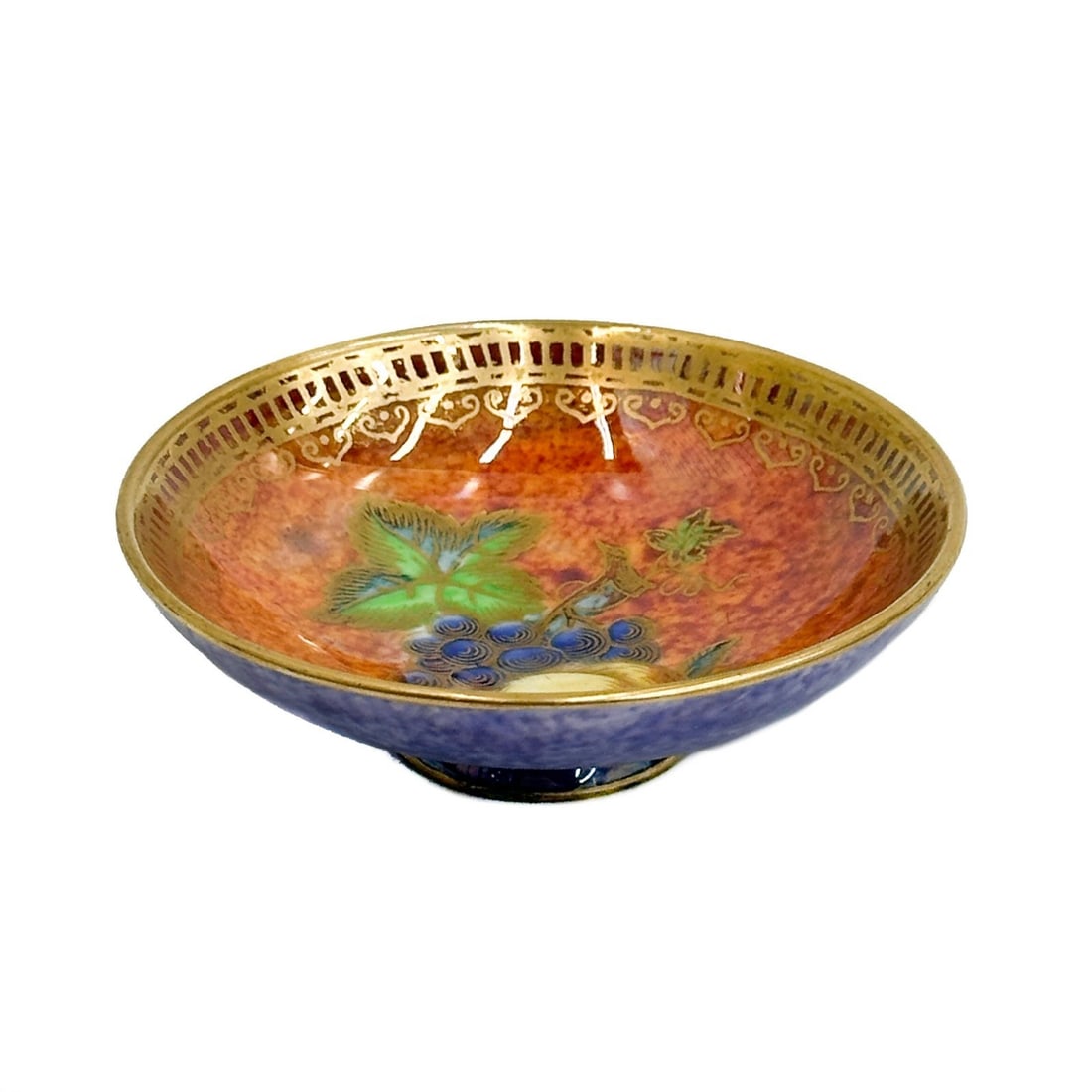 Wedgwood England Lustre Porcelain Miniature Bowl Z5457 Fruits: Wedgwood England Lustre Porcelain Bowl. Blue mottled ground to exterior, orange interior decorated with fruits. Underside marked Wedgwood England Z5457 Weight: Approx. less than .5 lb Measurements:
