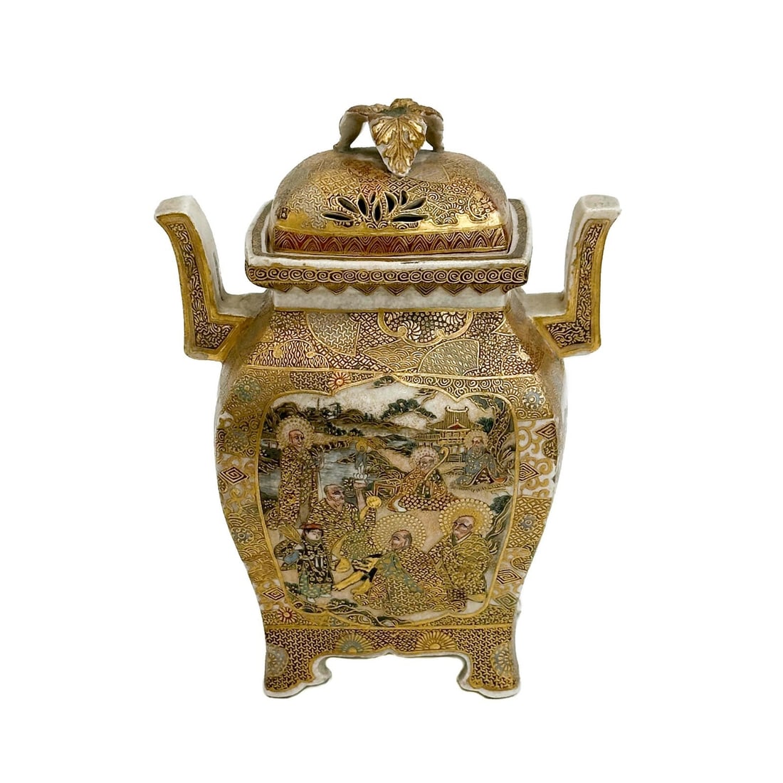 Japanese Satsuma Hand Painted Porcelain Censer Incense Jar Meiji Period Signed: Japanese Satsuma Hand Painted Porcelain Censer or Incense Jar. Lidded twin handled jar with hand painted scenes of figures to the body, gilt accents. Underside with unidentified maker's mark. Weight: