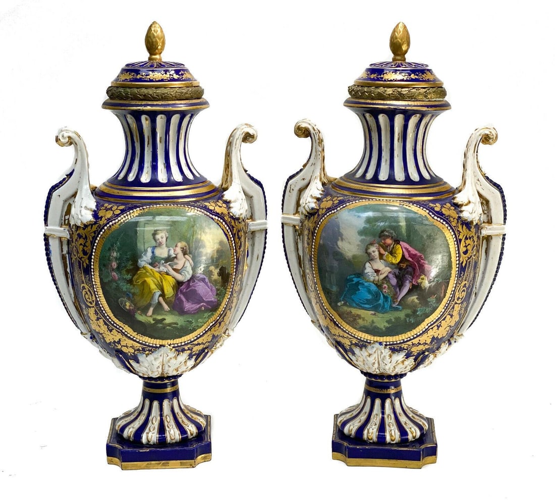 Pair Sevres France Porcelain Twin Handled Covered Urns, 19th C. Courting Scenes (1 of 10)