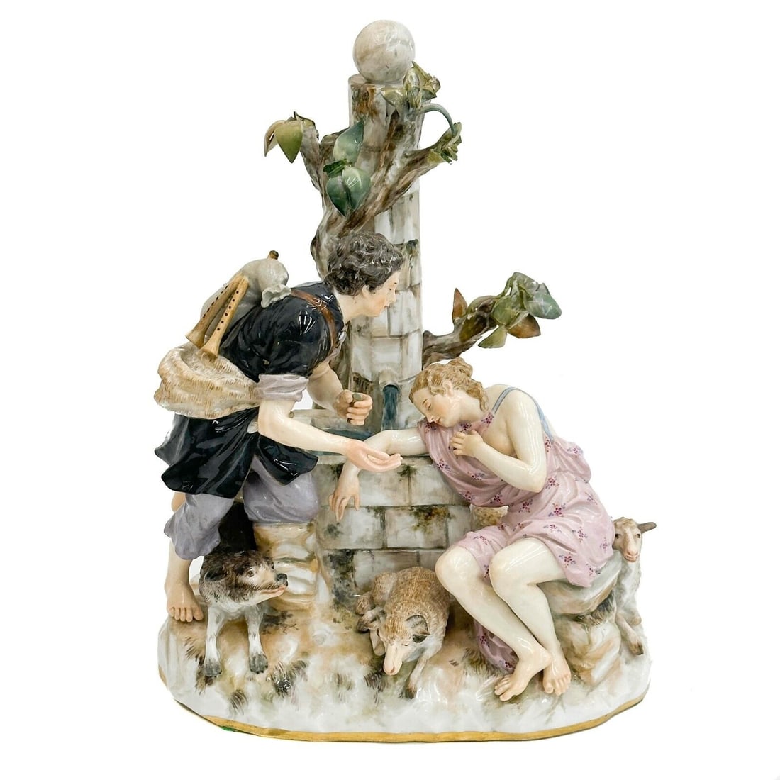 Meissen Germany Hand Painted Porcelain Figural Group Courting Scene Dog & Sheep: Meissen Germany Hand Painted Porcelain Figural Group, 19th century. Depicts a man and woman with a dog and sheep. Underside with Meissen crossed swords mark, various incised marks. Weight: Approx. 5 l