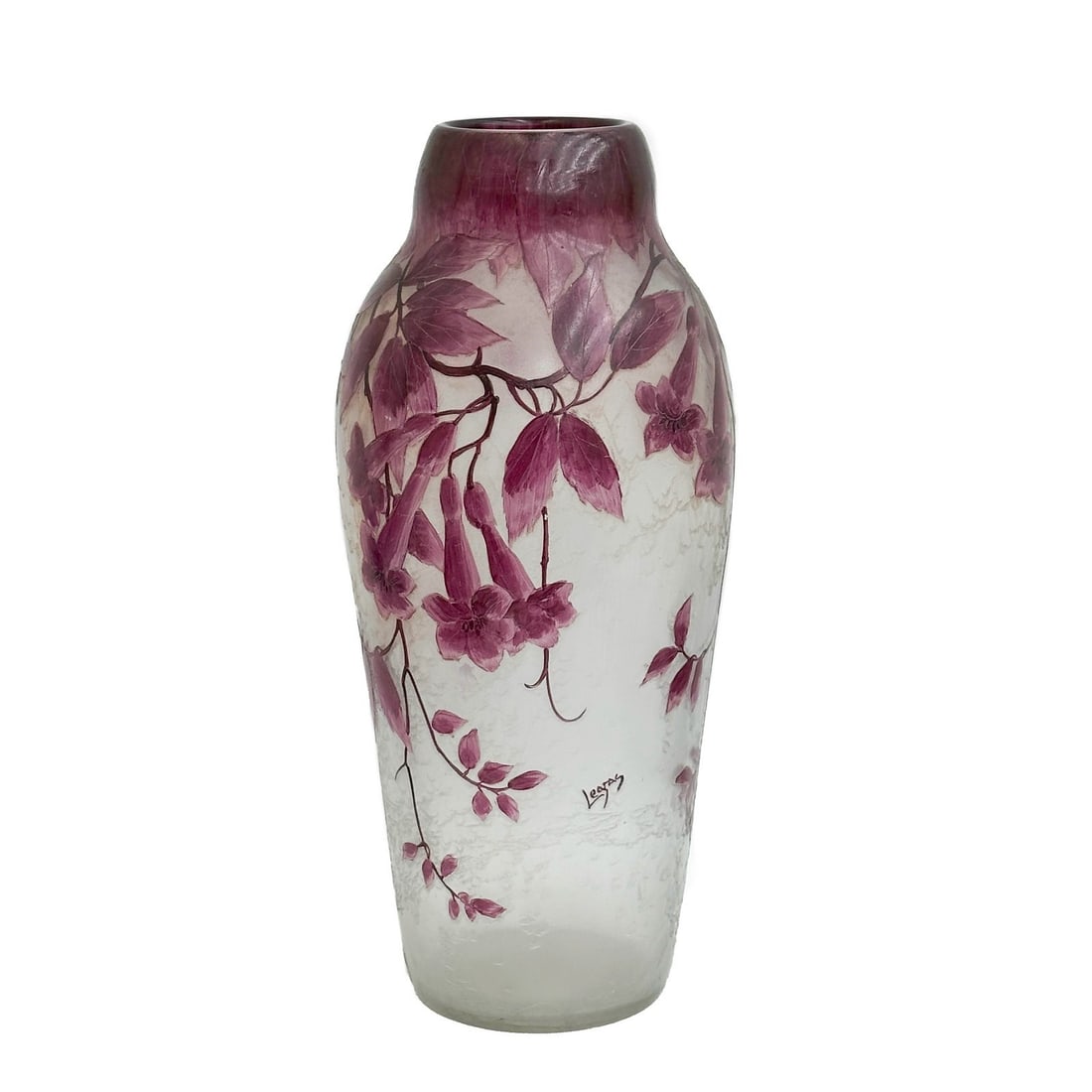 Legras France Acid Etched Cameo Art Glass Tall Vase Purple Florals Signed c1900: Legras France acid etched cameo art glass vase, circa 1900. A white ground with purple leaves and florals throughout. Signed Legras to the lower edge, underside with acid-stamped retailer's mark for