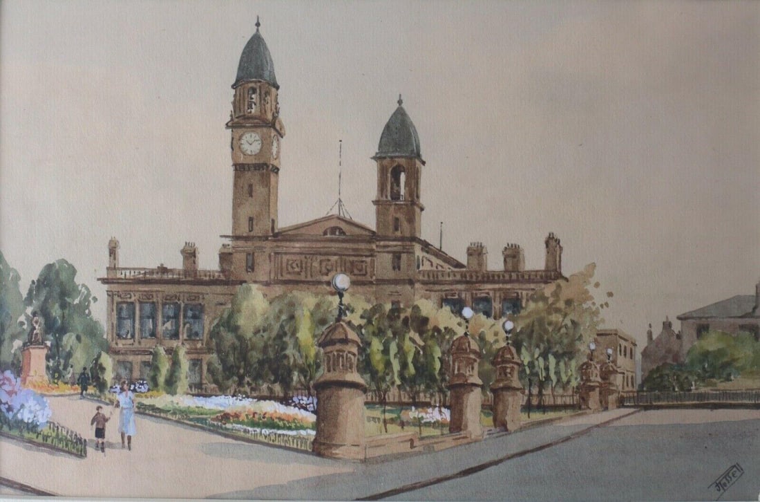 Fussell Watercolor Painting Scotland Renfrewshire Dunn Square Town Hall c1930: Watercolor Painting - Scotland, Renfrewshire, Paisley, Dunn Square Town Hall. Heightened with gouache. Signed Fussell. c1930. Framed and glazed. 2lbs (BF3) Measurements: Approx. image area 11" x 7.25"