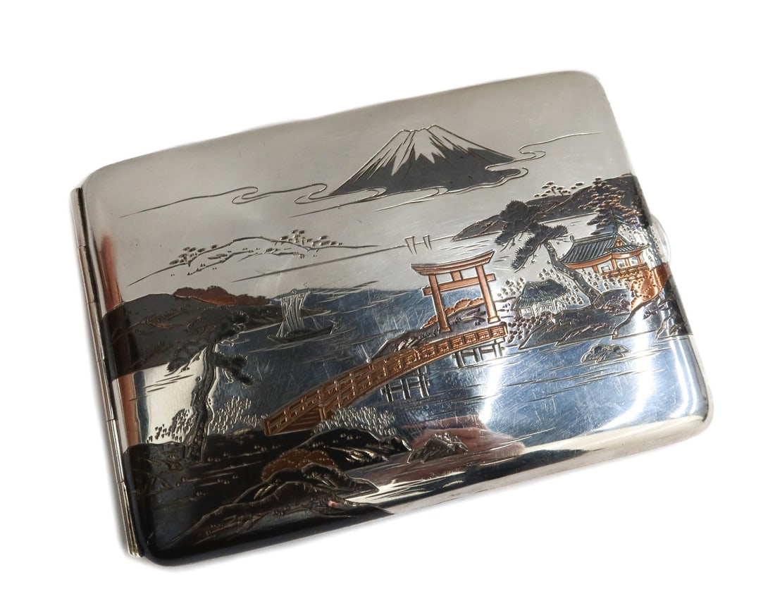 Japanese Mixed Metal 950 Silver Cigarette Case Mount Fuji circa 1920 (1 of 10)