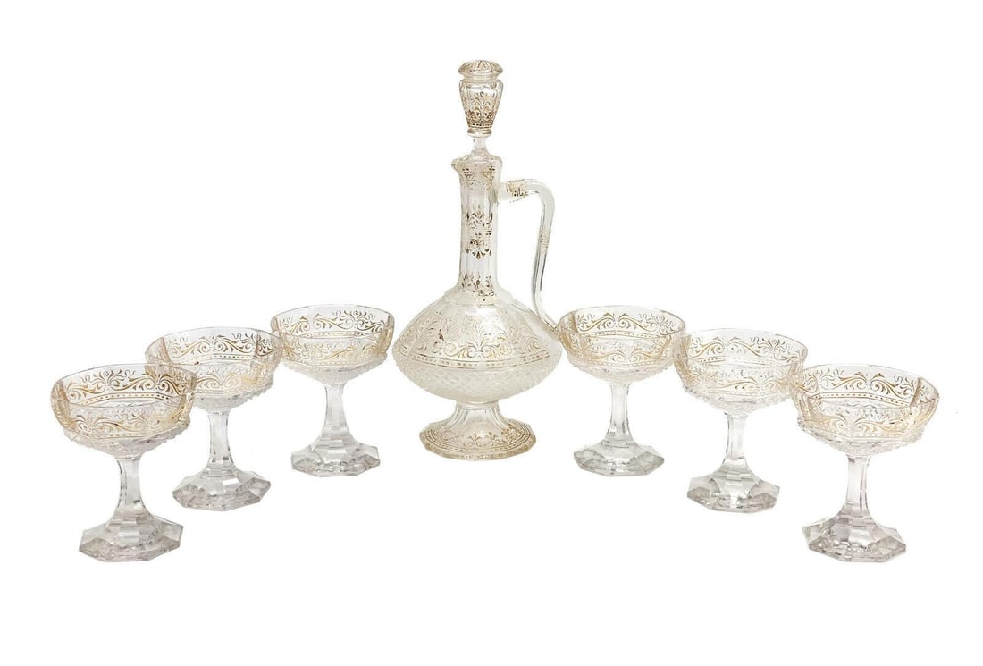 Continental Gilt Acid Etched Glass Wine Decanter & Goblets for 6 (1 of 7)