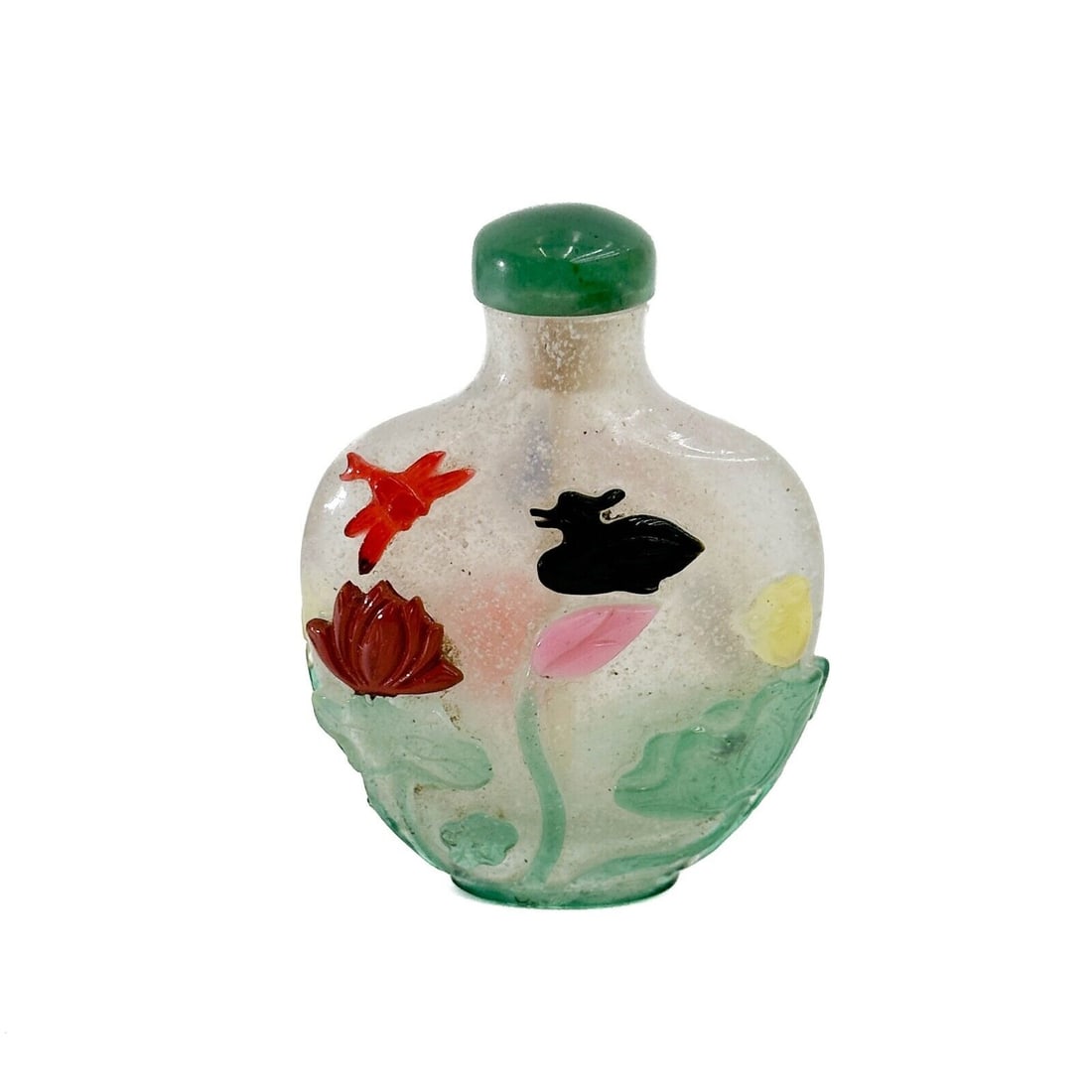 Chinese 7 color Multicolor Glass Overlay Snuff Bottle Insects circa 1780: Chinese 7 color Multicolor Glass Overlay Snuff Bottle, circa 1780. White snow flake glass bottle with carved green, red, pink, yellow, black, and blue glass overlay of a florals with insects. Jade sto