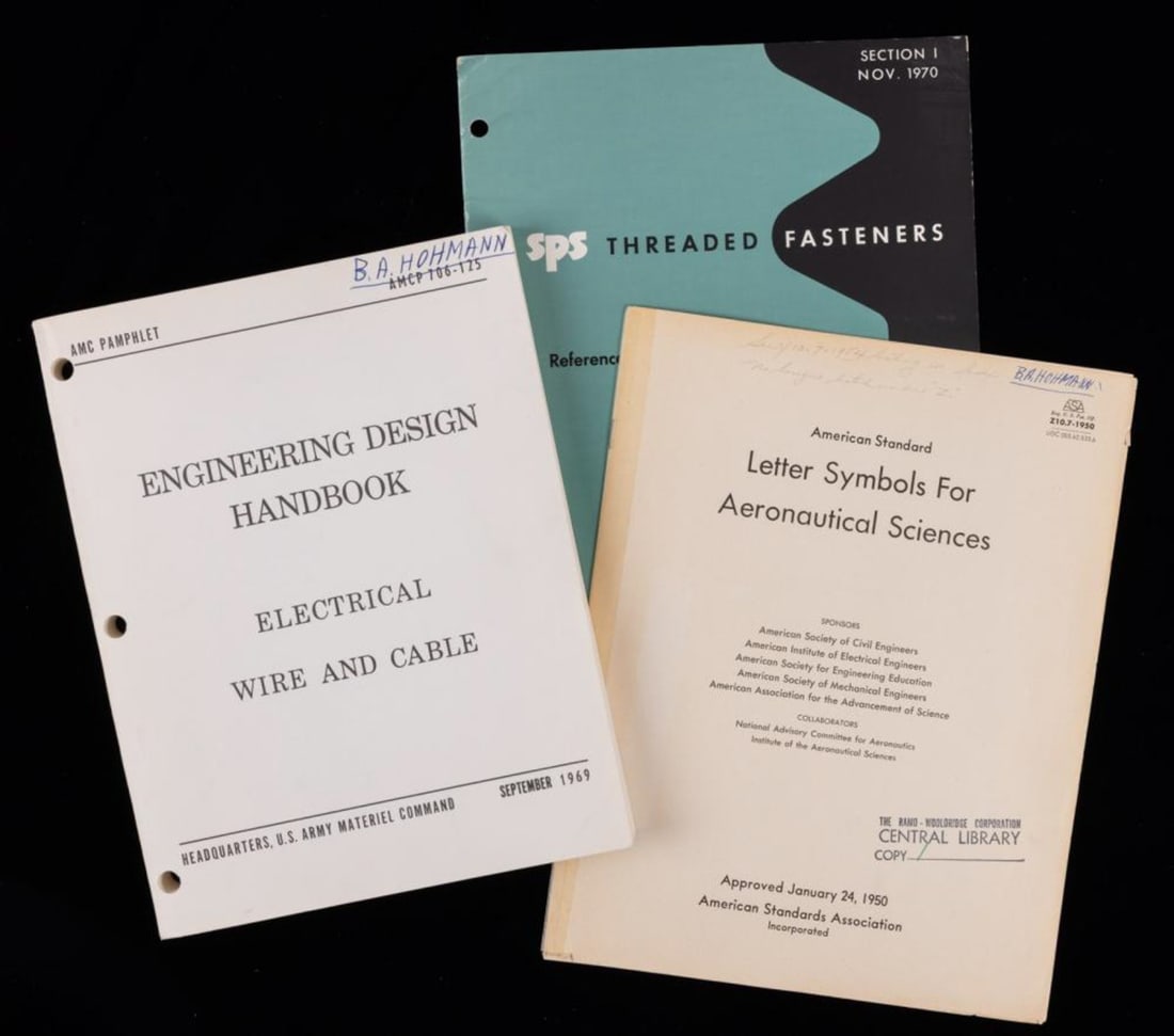 Three Handbook Reference Materials Bernard Hohmann Personal Collection: U.S. Army Materiel Command, AMCP 706-125, Engineering Design Handbook: Electrical Wire and Cable, September 1969. SPS Threaded Fasteners, Section 1, Reference Guide to Bolts and Screws, November 1970.