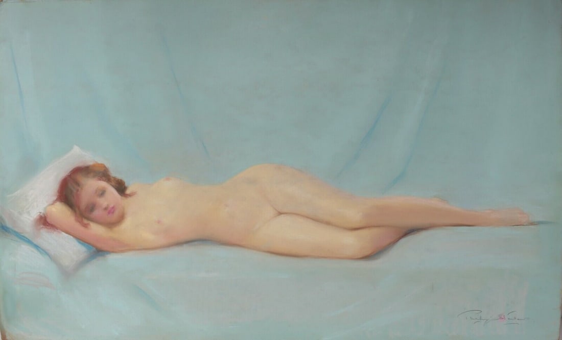 Penhryn Stanlaws American 1877-1957 Pastel Drawing Reclining Nude: Penhryn Stanlaws (Scottish American 1877-1957) Pastel on illustration board, reclining nude. Signed in pencil lower right. Unframed. Similar portrait of Marion Davies done by Stanlaws. Adamson adopted