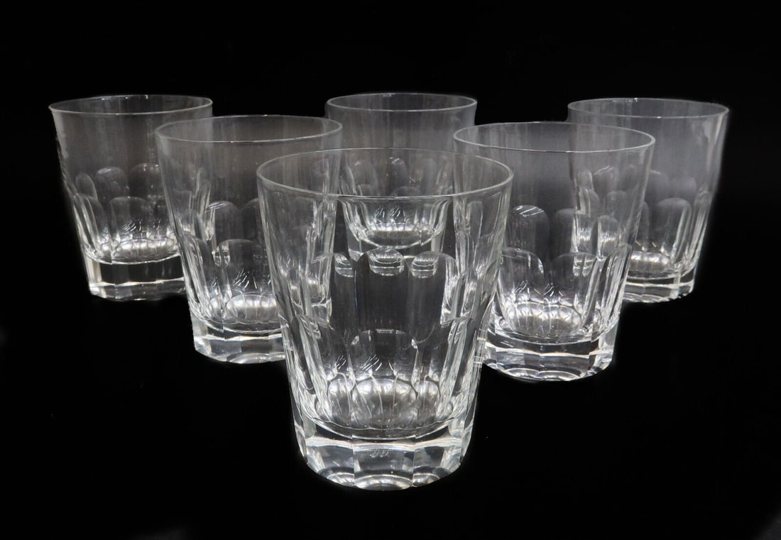 6 Tiffany Cut Glass Old Fashioned Goblets Lobed Panel Signed: 6 Tiffany & Co. Cut glass old fashioned goblets. Cut lobed panels. Mark Tiffany to underside. Weight: Approx. 5 lbs Measurements: Approx. 3.5 inches diameter x 4.5 inches tall Condition: Very good con