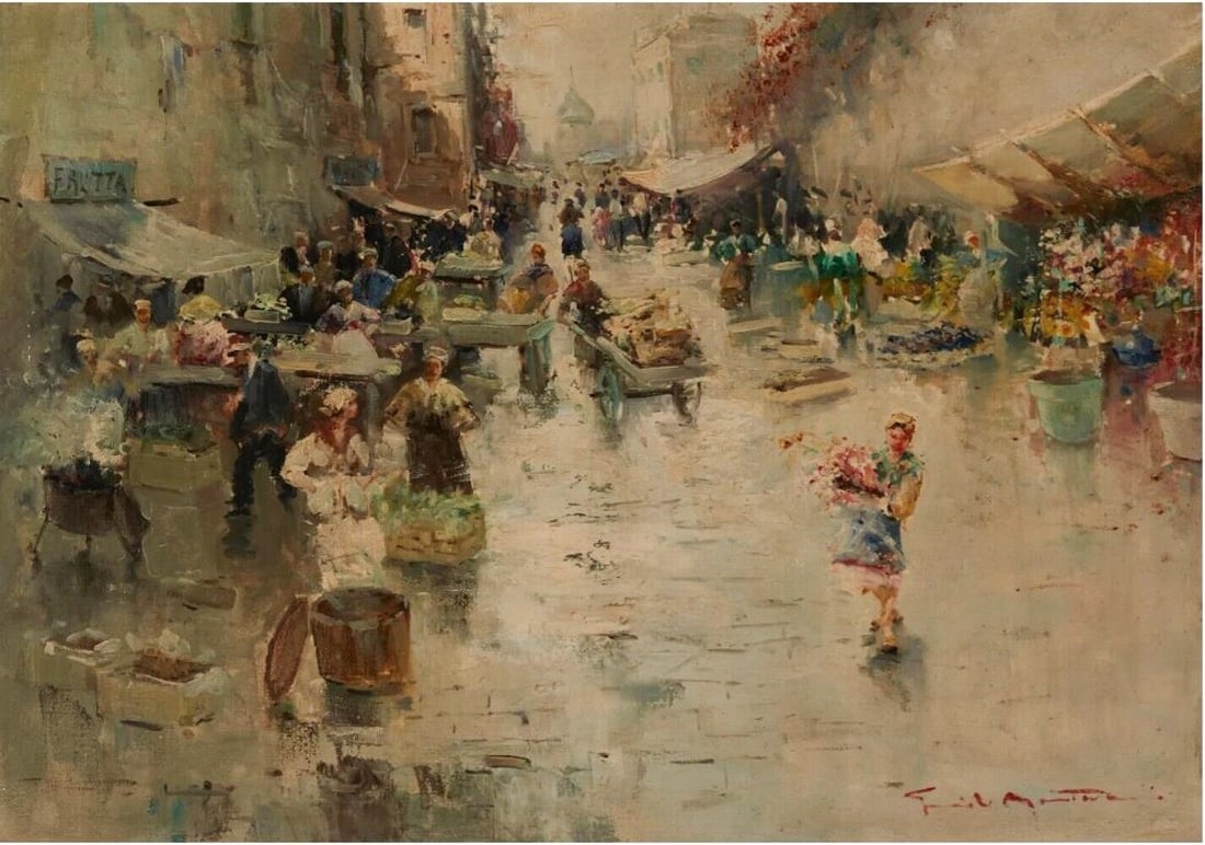 20th Century European School Oil Painting Street Vendors Mid Century: 20th Century European School Oil Painting on Canvas, Street Vendors. Indistinctly signed lower right; inscribed indistinctly en verso. (UPLB) Measurements: Approx. 19in H x 27in W; Frame: 26in H x 34i