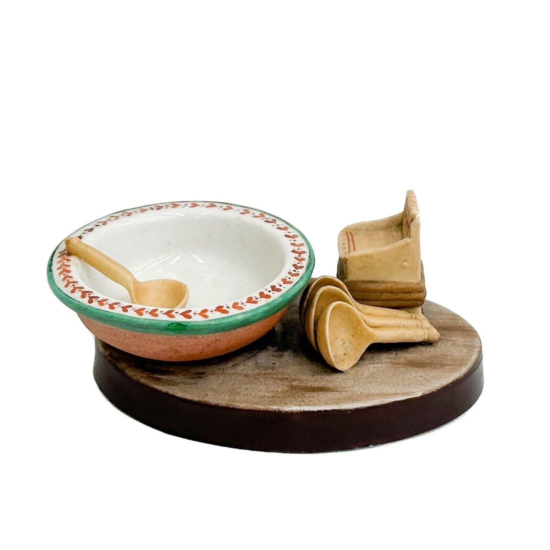 Gardner Russian Pottery Porcelain Figurine Ornament Bowl circa 1890: Gardner Russian Pottery Porcelain Figurine Ornament, circa 1890. Depicts a bowl and spoons. Underside with Gardner porcelain marks. Weight: Approx. .5 lb Measurements: approx. 5 inches x 3 inches x 1.