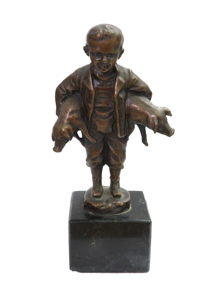 Vintage Miniature Patinated Bronze Sculpture Boy with Pigs: Vintage Miniature patinated bronze sculpture. The sculpture depicts a young boy holding two pigs between his arms. Mounted on a black marble base. After Julius Schmidt-Felling. Weight: Approx. 1 lbs M