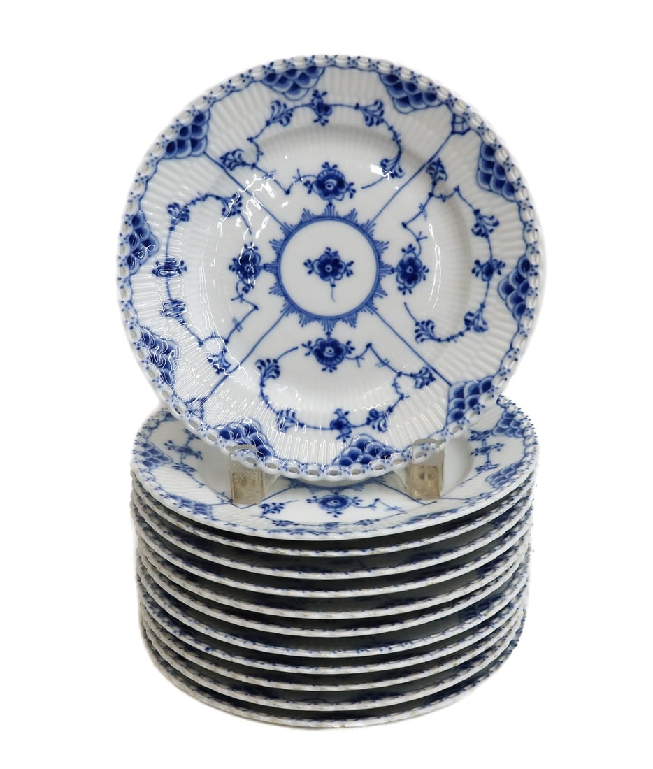 12 Royal Copenhagen Porcelain Salad Dessert Plates Blue Fluted Full Lace #1086 (1 of 4)