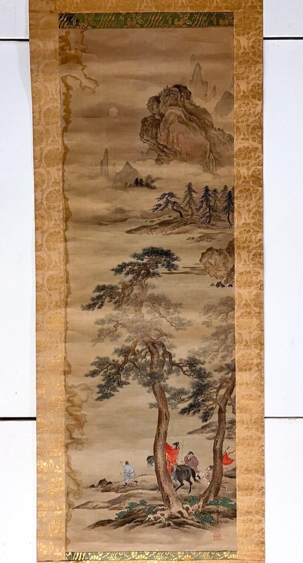 Antique Chinese Vertical Scroll painting Mountainous Landscape man on horseback (1 of 8)