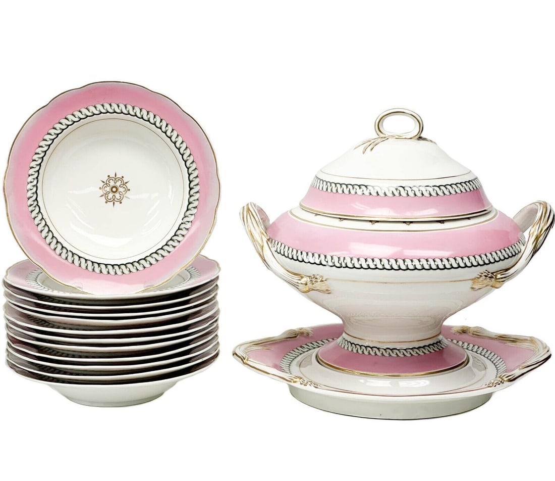 George Grainger Worcester England Pink Porcelain Soup Tureen & 12 Soup Bowls (1 of 11)