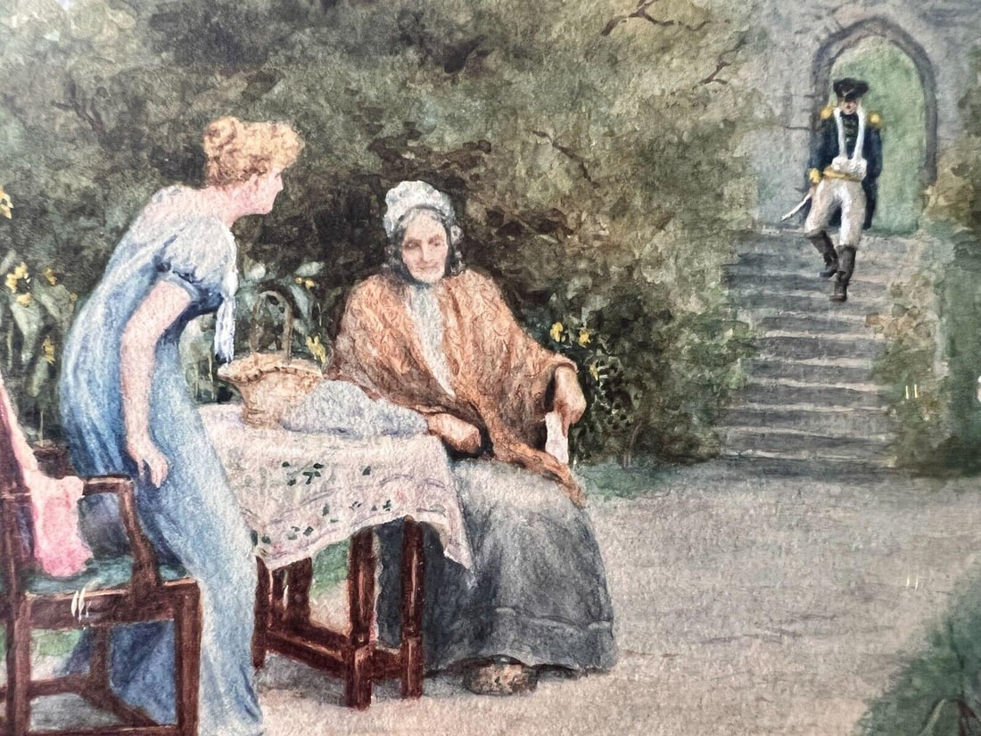 J. J. McCan Watercolor on paper injured soldier returns home outdoor scene: J. J. McCan Watercolor on paper, injured soldier returns home, outdoor scene with young and elderly woman, an injured officer walking down the steps into the garden. Signed lower right. In goldtone me
