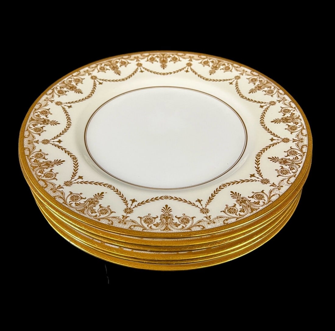 Set of 6 Mintons Porcelain Dinner Plates gold encrusted borders c1880 (1 of 11)
