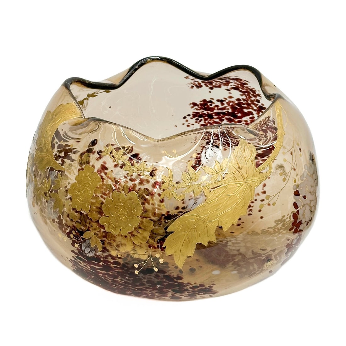Earnst Baptiste Leveille French Large Gilt Florals Art Glass Bowl 6280: Earnst Baptiste Leveille Art Glass Bowl. Dark transparent amber glass bowl with ruffled rim, internally decorated with white and brown spots, raised gilt florals to exterior. Underside marked 6280, at