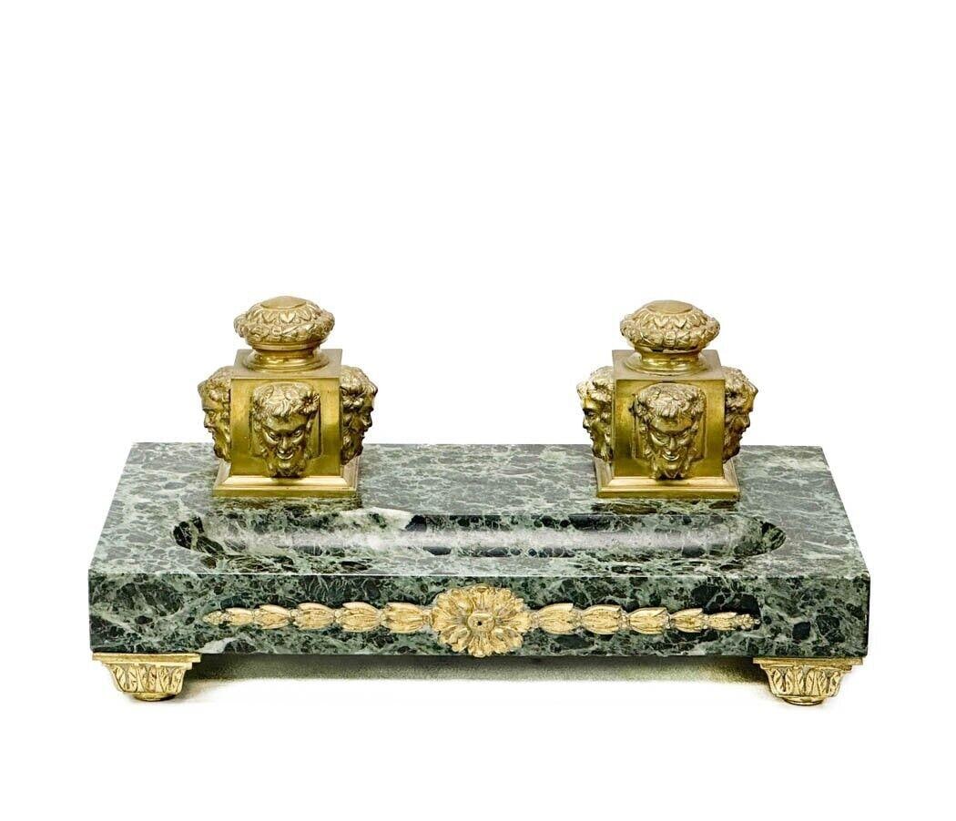French Gilt Bronze Mounted Verde Antico Marble Double Inkwell Figural Faces (1 of 10)
