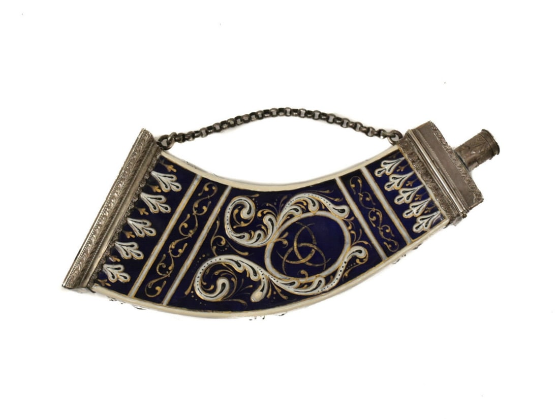 Continental Silver Porcelain Table Vinaigrette Perfume Bottle: Continental silver and porcelain table vinaigrette & perfume bottle. Beautiful cobalt blue ground with foliate scroll and Fleur De Lis designs throughout. Glass lined interior with an engine turned te