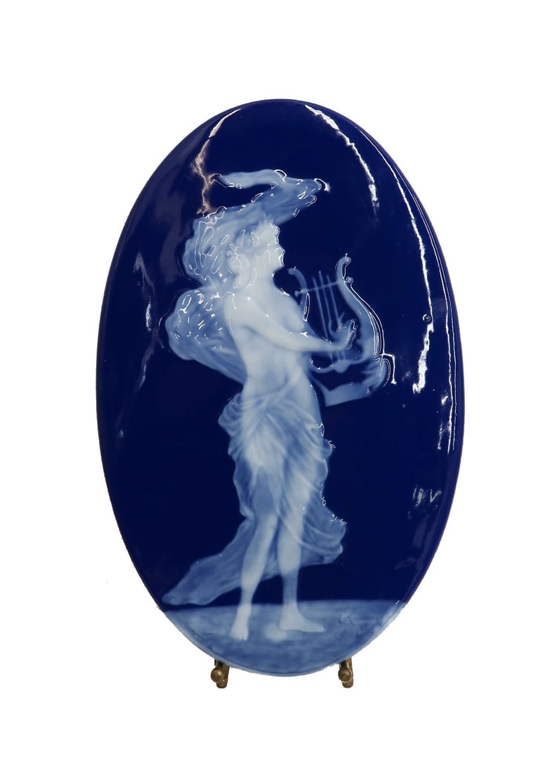 Limoges France Blue and White Pate sur Pate Oval Plaque Beauty with Lyre Signed (1 of 6)