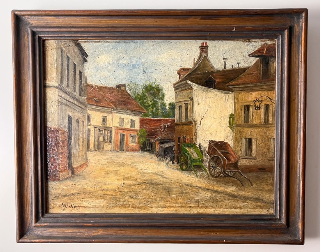 Continental Oil painting on wood panel village street scene: Continental Oil painting on wood panel, village street scene, signed "Moiller" or "Moillot" lower left. In wood frame (WSD) Measurements: Approx. panel 12.125 x 9.5 inches; frame 15 x 12 inches Condit