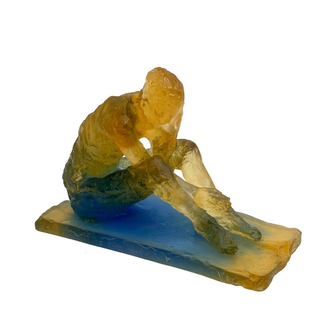 Daum France Pate de Verre Sculpture Le Penseur by Michel Houplain Ltd Ed/425: Daum France Pate de Verre Sculpture Le Penseur by Michel Houplain (French, b. 1955). Blue and orange pate-de-verre sculpture depicts a seated figure in thought. Artist signed to the lower edge, number