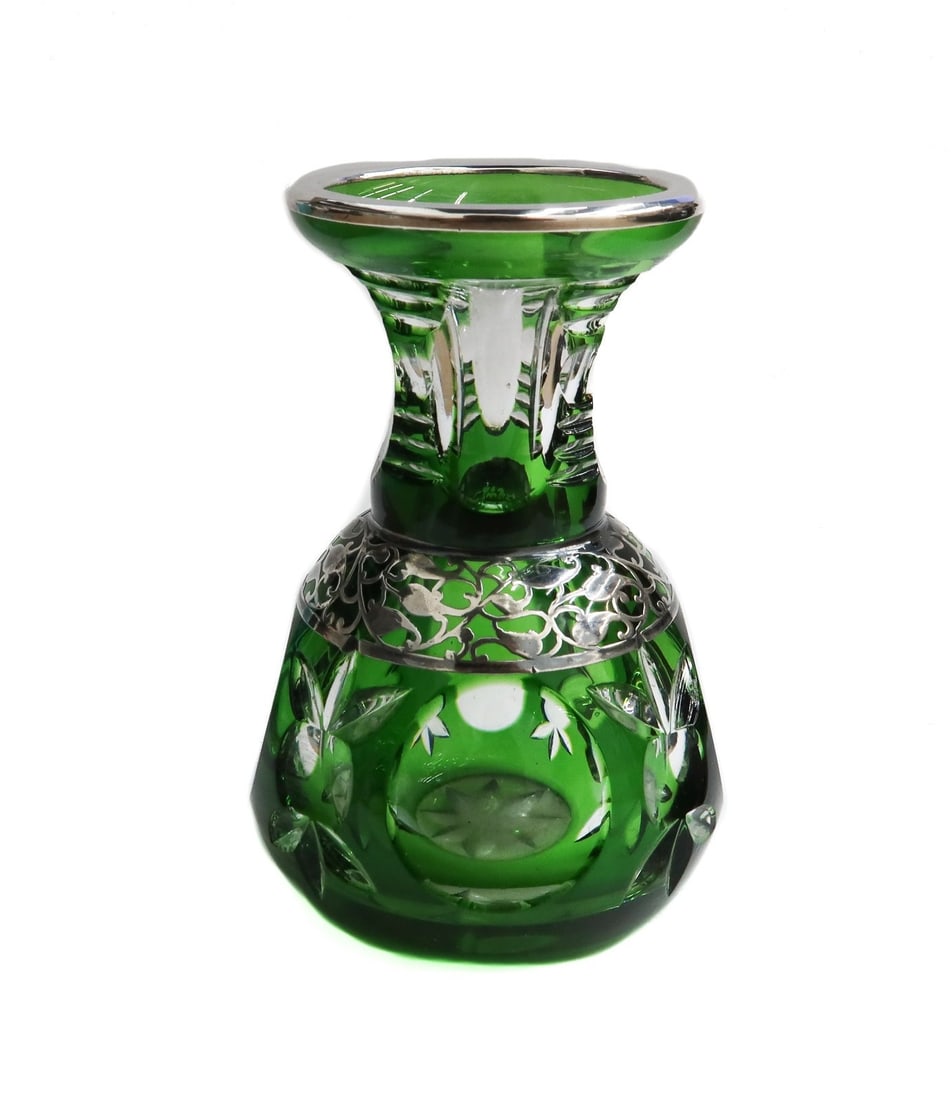 Continental Emerald Green Cut to Clear Silver Overlay Miniature Vase 20th C (1 of 9)