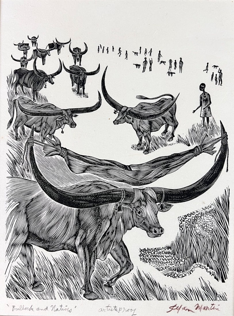 Stefan Martin Woodblock print Bullock and Natives c1962 Book illustration (1 of 9)