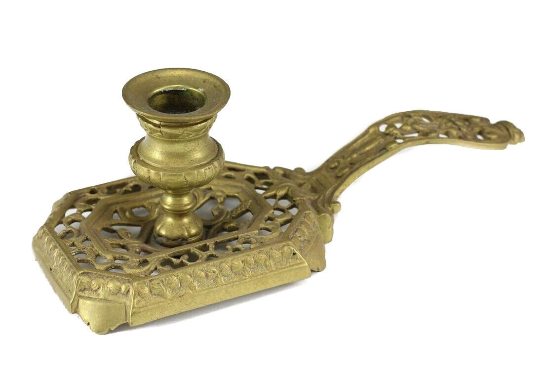 Brass Chamber Stick c18-19th Century, Reticulated Rectangular Drip Pan (1 of 4)
