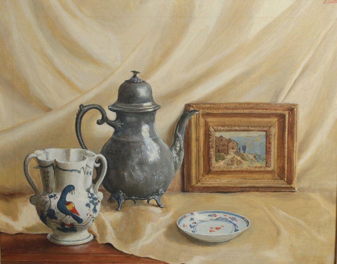 Emmanuele (Emanuele) Costa (Italian 1875-1959) Oil painting Still Life with Pewter (1 of 8)