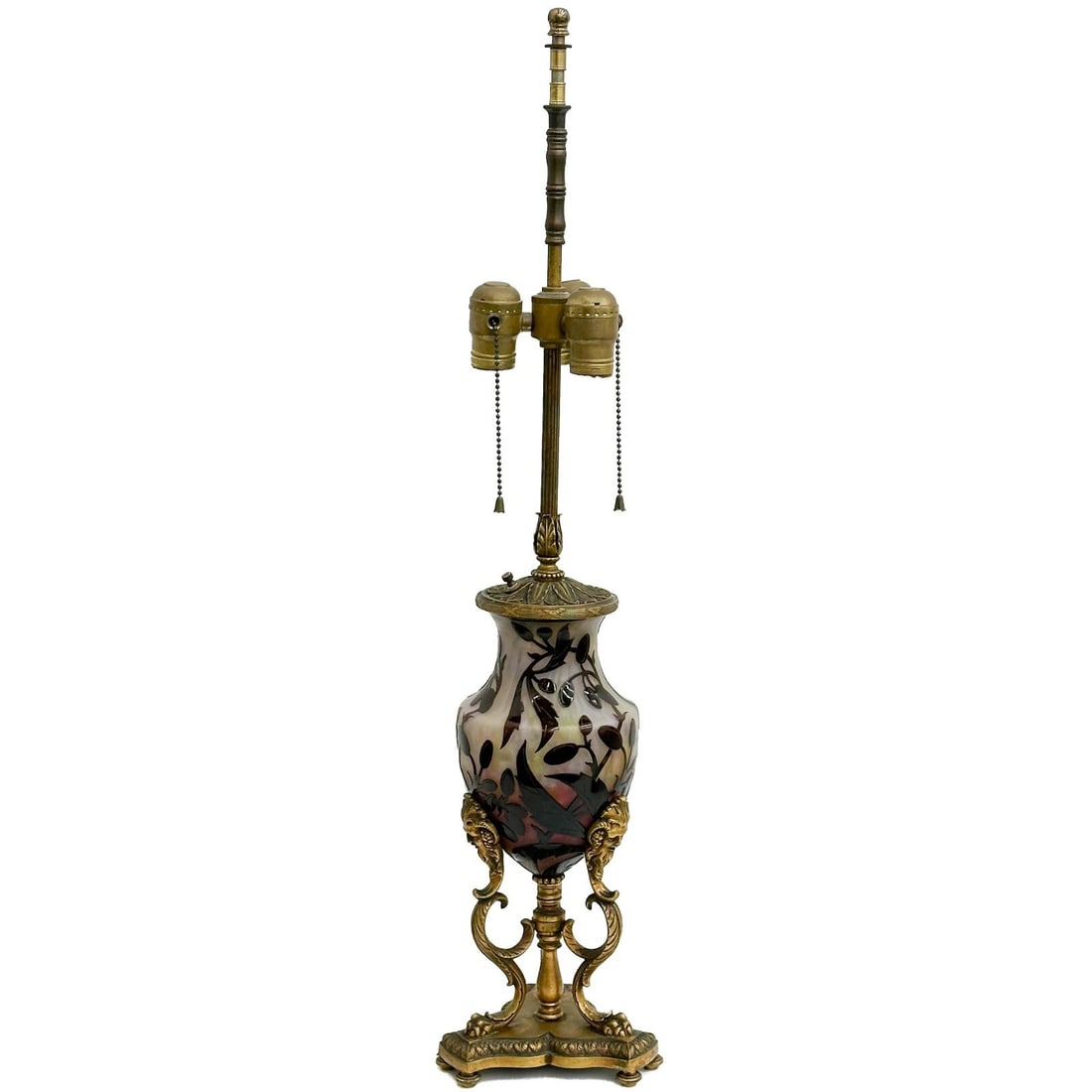 Daum Nancy France Acid Etched Cameo Art Glass Lamp Bronze Mounts c1900: Daum Nancy France Acid Etched Cameo Art Glass Lamp, circa 1900. Glass with a white, purple and yellow ground, dark purple polished cameo berry branches. Etched signature Daum Nancy France with fleur-d