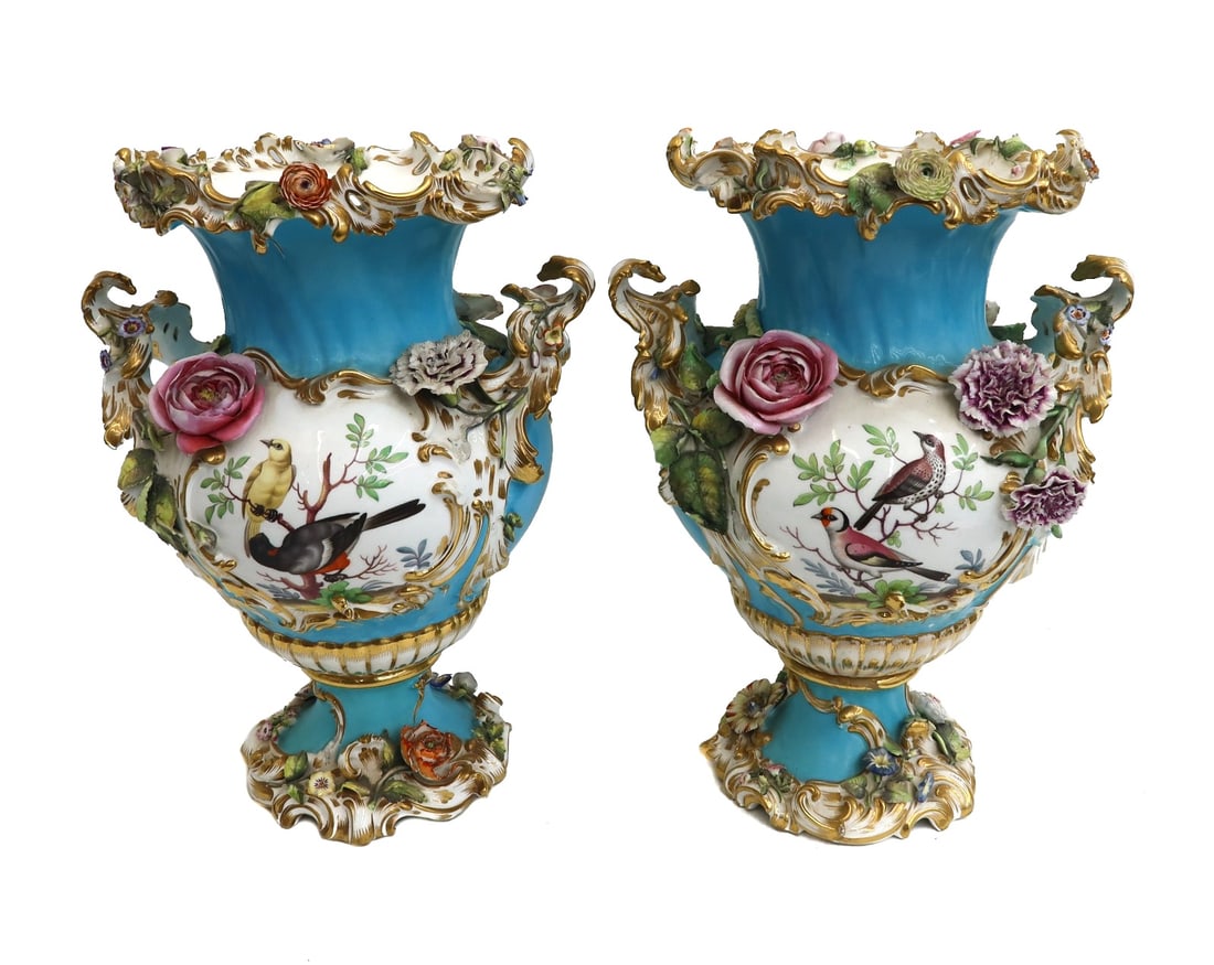 Pair Meissen Germany Hand Painted Porcelain Twin Handled Urns 19th Century (1 of 17)