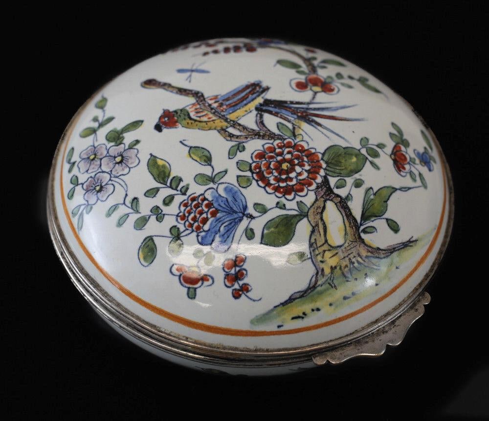 Antique Sinceny French Faience Box c1730 with silver mounts hand painted birds (1 of 4)