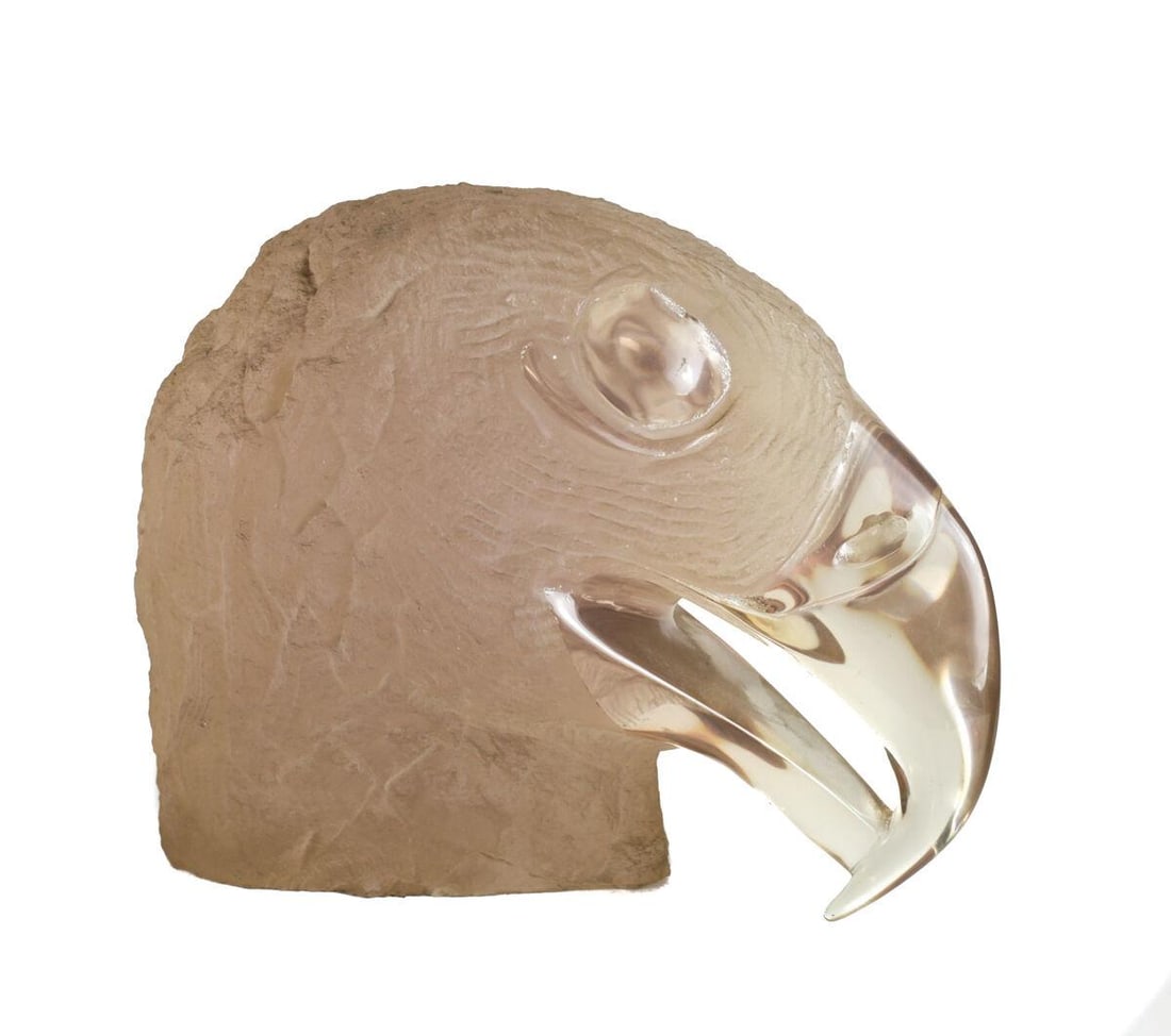 Hand Carved Polished Eagle Sculpture Lucite Acrylic signed numbered by London: Large and intricately hand carved & polished Lucite acrylic Bust sculpture, Eagle or raptor head, signed by London, numbered 8/12. Weight 24 pounds. Measurements: Approx. 13" x 9" x 11.5" h Condition: