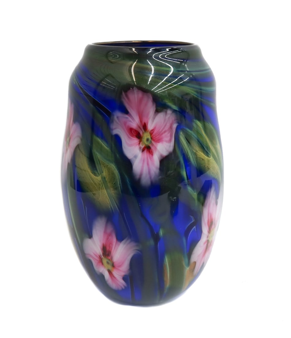 Charles Lotton Multi Flora Art Glass Vase Cobalt Blue Pink Flowers Signed 1987 (1 of 10)