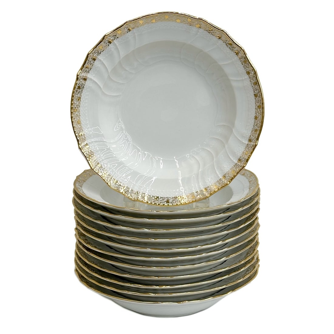 12 KPM Berlin Gilt Porcelain Basketweave 9 inch Rimmed Soup Bowls (1 of 5)