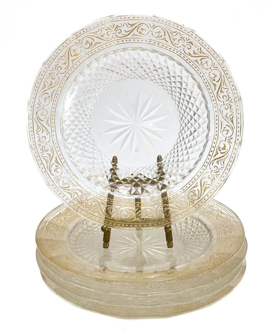 5 Continental Gilt Etched Glass Dessert Plates, Etched Leaves & Foliate Scrolls (1 of 3)