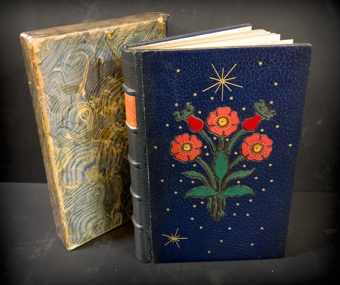Rubaiyat of Omar Khayyam Edward Fitzgerald Ltd Ed New Amsterdam 1901: Rubaiyat of Omar Khayyam, Translated from the Persian by Edward Fitzgerald. Fourth Edition with notes, Fourteen Illustrations from Designs by Gilbert James. Dark blue morocco leather covers with flora