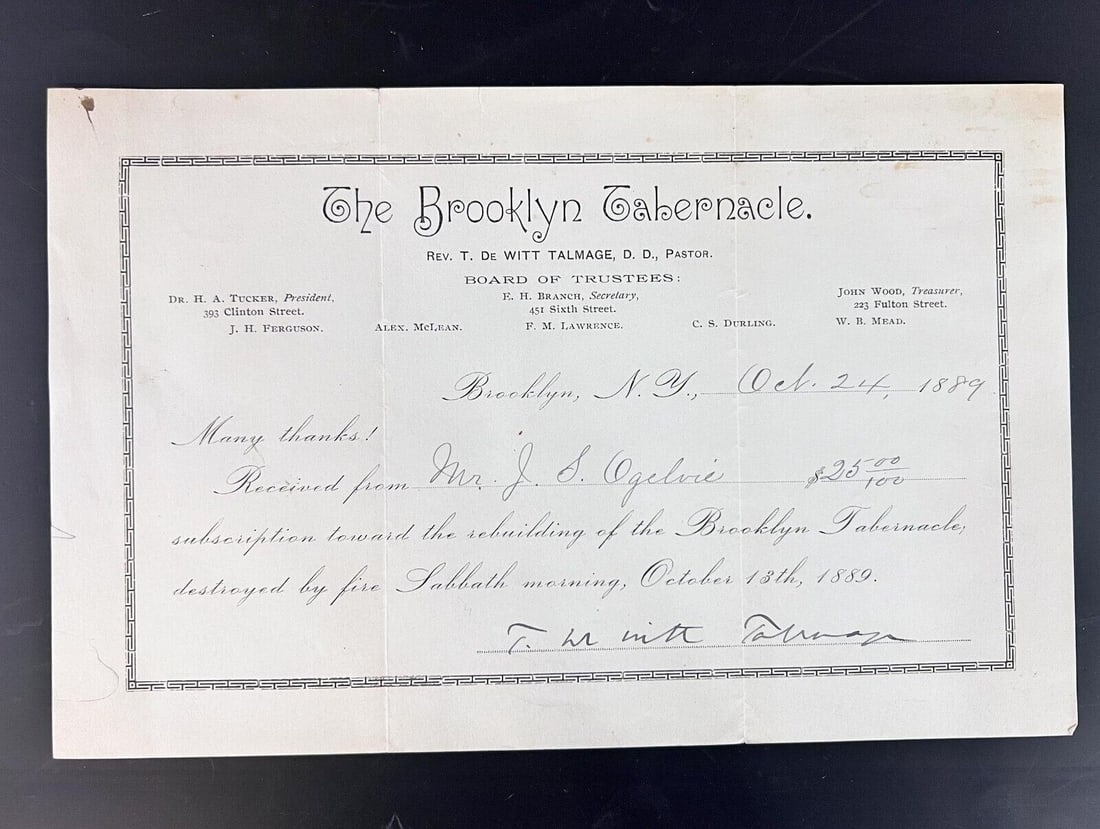 Thomas De Witt Talmage Autographed Receipt 1889 Brooklyn Tabernacle fire (1 of 3)