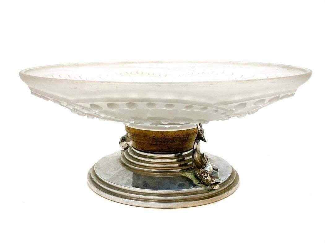 Art Deco French J. Landeier Glass & Sliverplate Centerpiece Bowl c. 1930: Art Deco French J. Landeier Glass & Silverplate centerpiece bowl, circa 1930. Bubble swirls to the exterior of the frosted glass. Figural dolphins to the silverplate and wood base. J. Landier France M