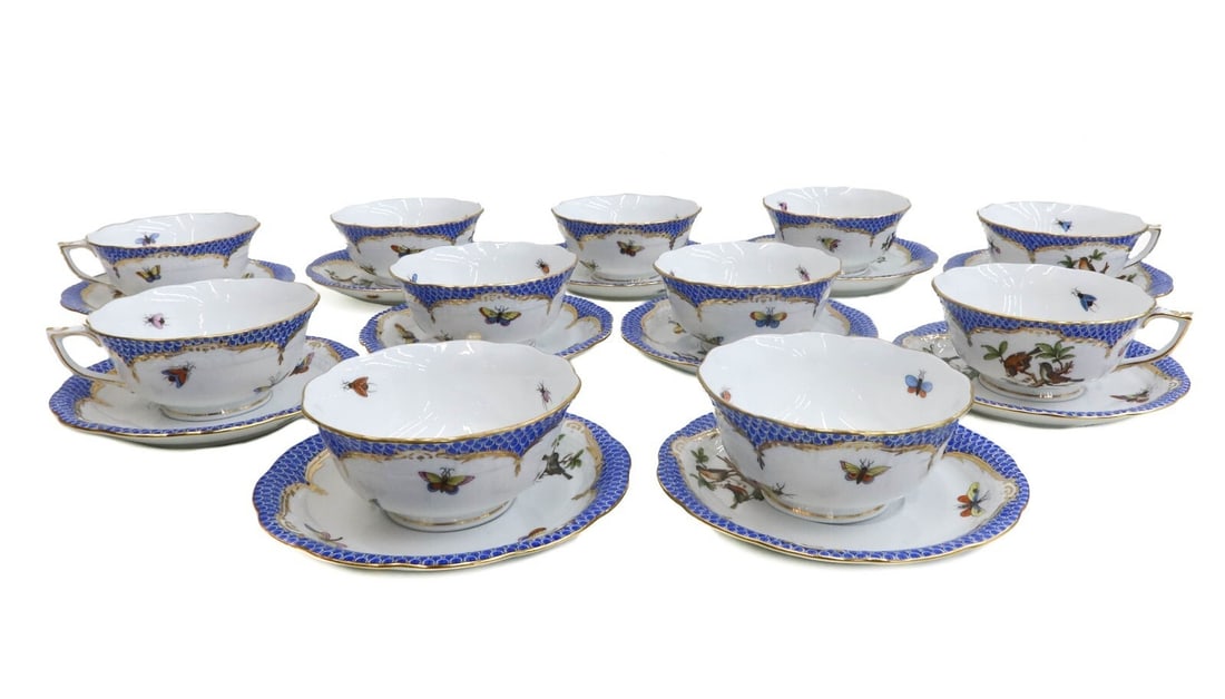 11 Herend Hungary Porcelain Cup and Saucers in Rothschild Bird Blue Fish Net (1 of 13)