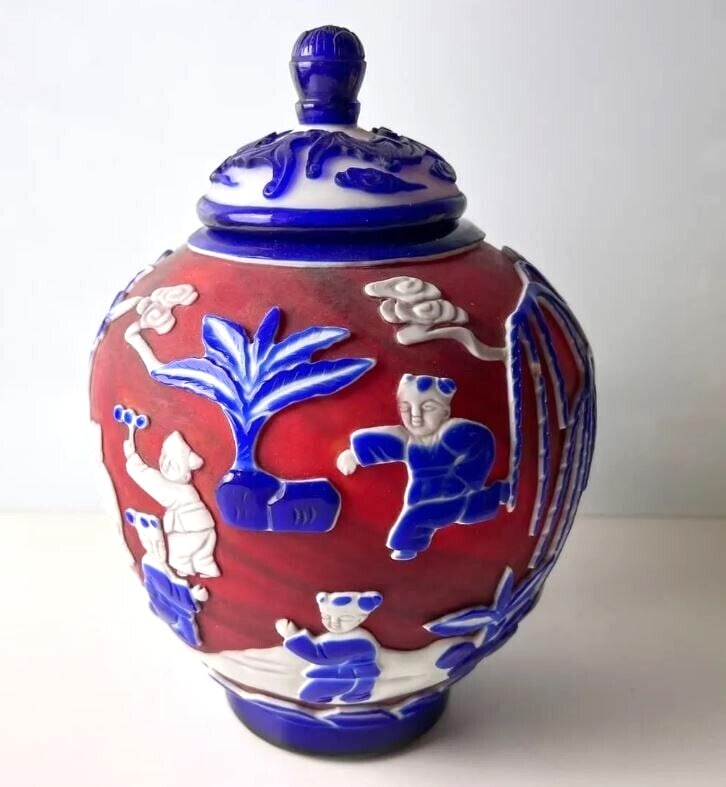 Chinese Ginger Jar Peking Glass Cased Glass with boys (1 of 8)