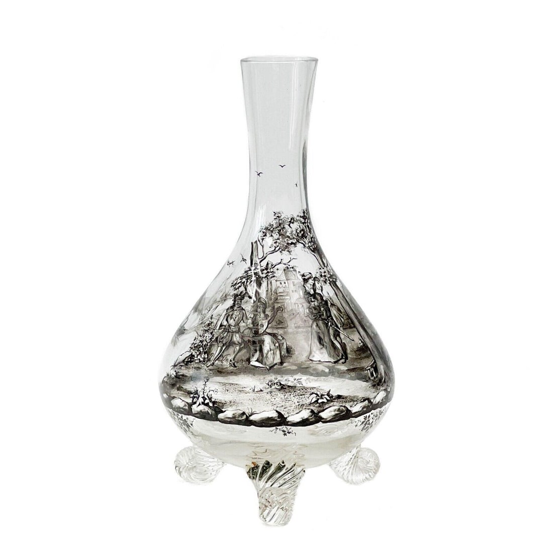 German Schwartzlot Style Black Enamel Footed Glass Decanter or Vase c. 1900 (1 of 7)