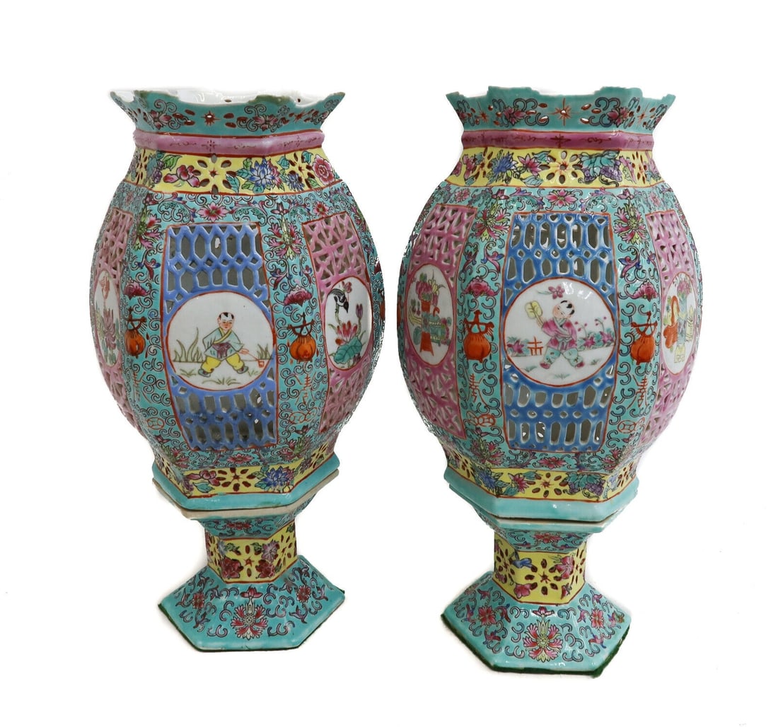 Pair Chinese Qianlong Reign Porcelain Famille Rose Reticulated Lanterns 19th C (1 of 12)