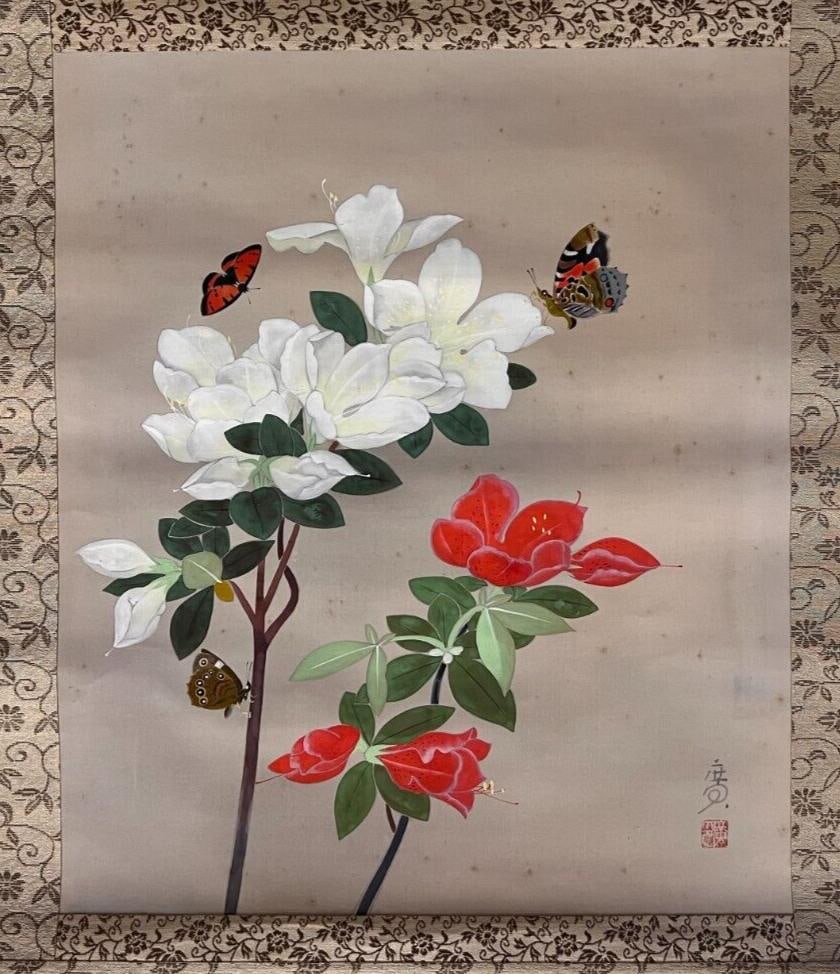 Antique Vertical Silk Scroll painting floral and butterflies: Vertical Silk Scroll painting, mounted on paper with silk borders, Color painting, of flowers and butterflies. Artist's Calligraphy and seal lower right. (40) Measurements: Approx. scroll 19.25 x 52 i