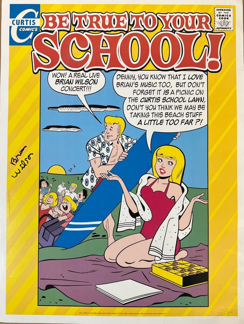 Brian Wilson Autograph Be True To Your School Concert Poster SMiLE 2004: Brian Wilson Autograph "Be True To Your School" Poster, in promoting the 2004 Brian Wilson Presents SMiLE (BWPS) album release. Appears to be a limited edition of 25. The 2004 fundraiser for the Curti