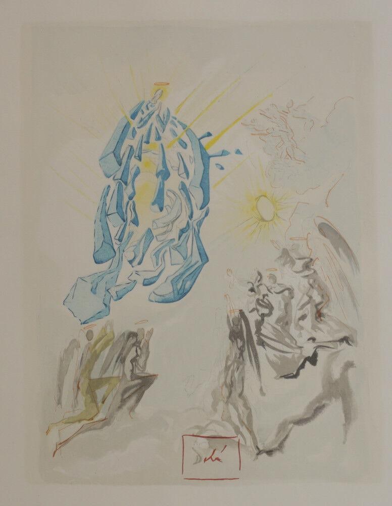 Salvador Dali Woodblock Print 1960 Divine Comedy, "Dante Regains His Sight": Salvador Dali Woodblock Print 1960 Divine Comedy, "Dante Regains His Sight" Cantos Woodcut # 26. Published Les Heures Claires, Paris, France. Signed in plate. Metal frame. 5Lbs (WSL) Measurements: App