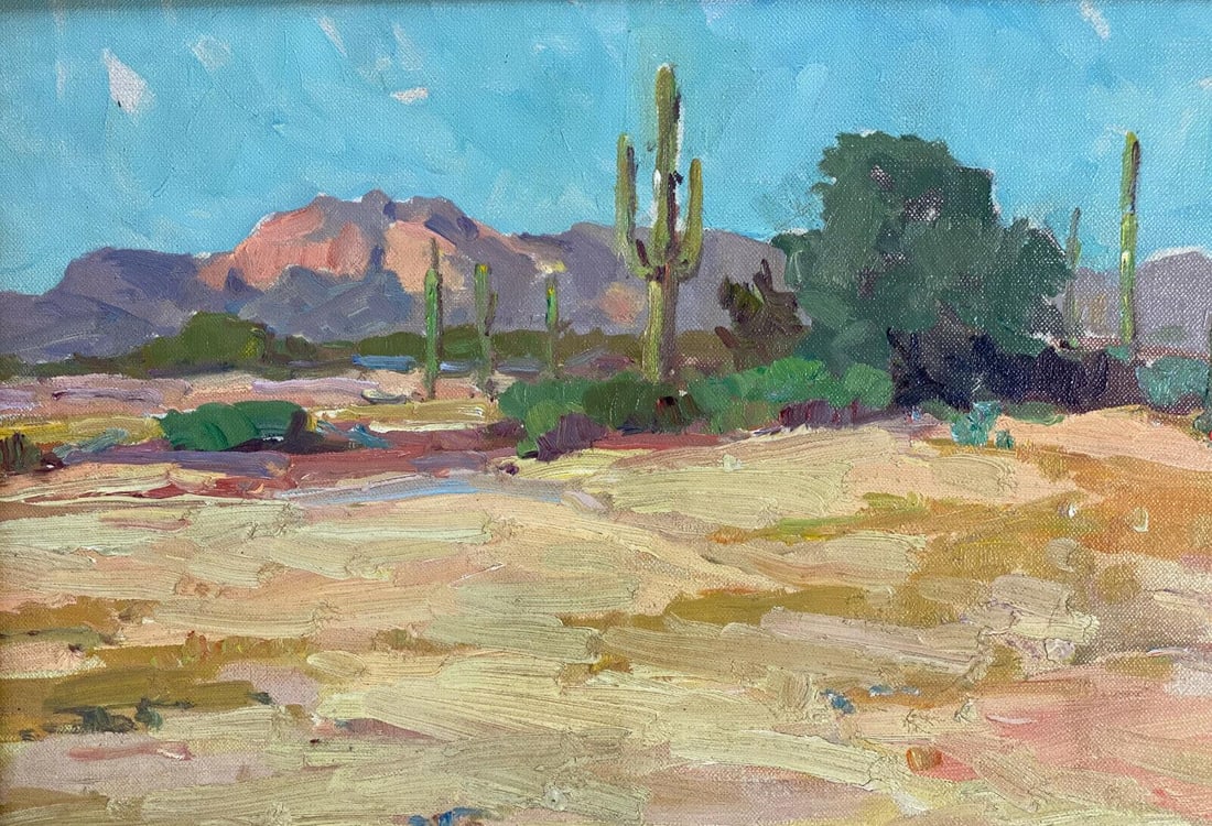 George Kennedy Brandriff (American 1890-1936) Oil on Canvas Desert in Hemet CA: George Kennedy Brandriff (American 1890-1936) oil on canvas, "Desert Green", signed. The landscape portrait scene depicts a desert landscape in Hemet, California. Artist signed "Brandriff" to the lowe